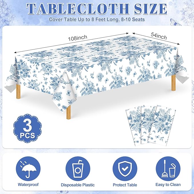 3 Pack Blue Floral Tablecloth, 54 X 108Inch Plastic Tea Party Tablecloths Disposable Vintsage Table Cloths Blue and White Porcelain Tables Decor for Mother's Day Birthday Garden Wedding Tea Party