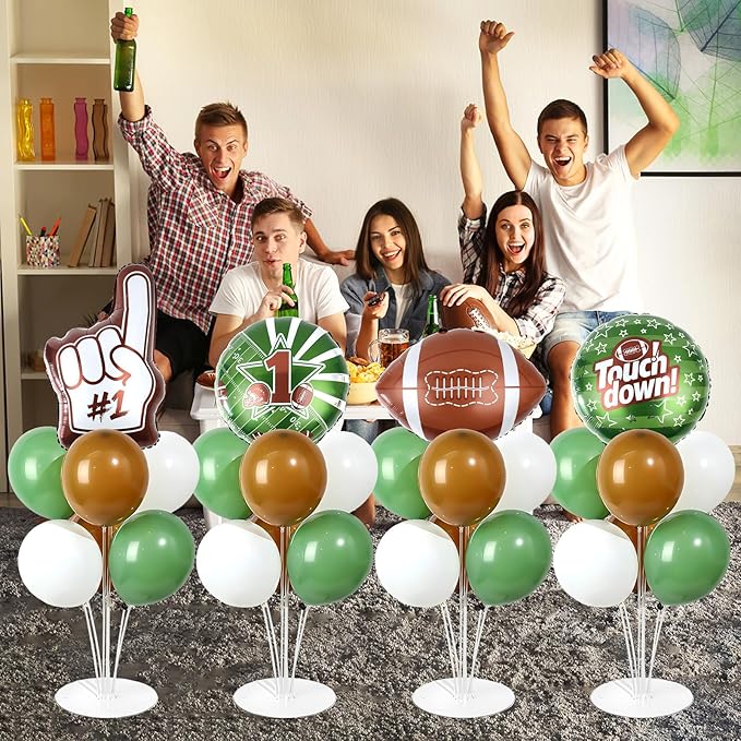 4 Sets Football Party Balloons Stand Kit with Football Shaped Count Touchdown Foil Balloons Party Balloon Centerpiece for Tables for Tailgate Game Day Birthday Sports Event Rugby Themed Decorations
