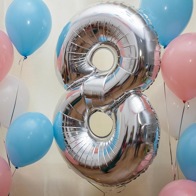 Silver Number 8 Balloon, 40 Inch Large Number Foil Mylar Balloons for 8th Girl Boy Birthday Party Celebration Decoration Supplies,Big Digital Balloons for Wedding Anniversary Events Decor