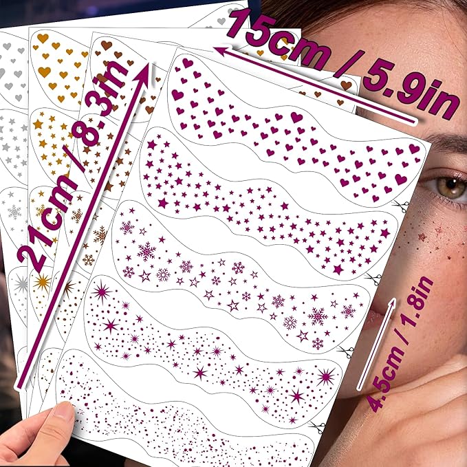 20PCS Glitter Freckles Face Tattoo, 4 Sheets/5 Styles Face Glitter Freckles for Festival & Rave, Waterproof Temporary Face Glitter Freckle Tattoo for Halloween Christmas (Rose,Gold,Sliver,Bronze)