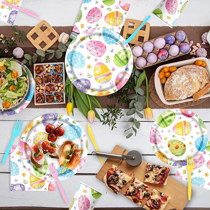 Easter Party Decorations Tableware,145pcs Easter Plates and Napkins,Cup,Tablecloth,Fork,Knife,Disposable Easter Egg Paper Plates and Napkins for Spring Easter Party Supplies,Sever 24