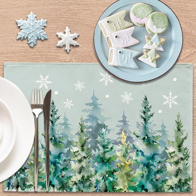 Winter Pine Tree Placemats Set of 4, Watercolor Forest Snowflake Dining Place Mats Table Decor, Christmas Woodland Seasonal Home Kitchen Decoration 12 x 18 Inches