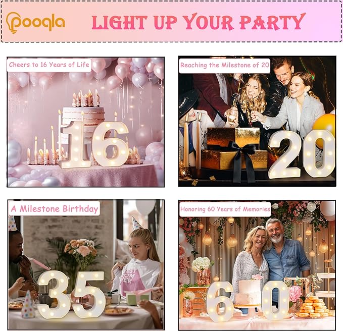 Pooqla Decorative LED Light Up Number Letters, White Plastic Marquee Number Lights Sign for 45th Birthday Party Wedding Decor, Battery Operated (45)