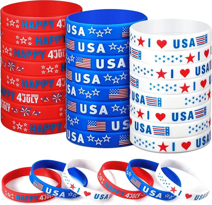 Lewtemi 30 Pieces 4th of July Party Favors USA Silicone Bracelet Patriotic American Flag Red White and Blue Rubber Wristband for Independence Day Decorations Fourth of July Party Accessories Gift