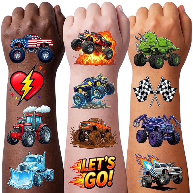 JCFIRE 96 PCS Monster Truck Temporary Tattoos for Kids Boys Age 4-7, Pre-cut Perforated No Scissors Needed, Diggers Construction Car Theme Birthday Party Favors Supplies Decorations Goodie Bag Stuffer