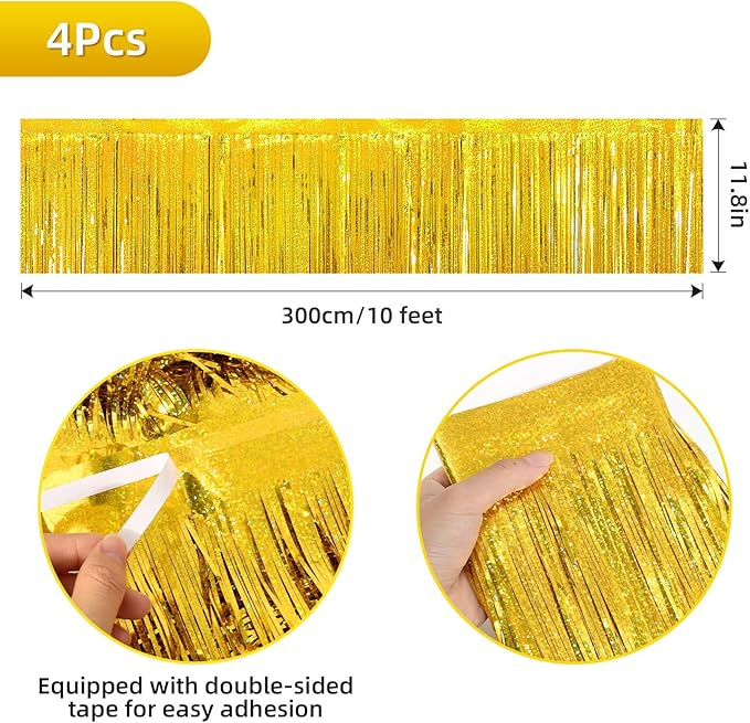 4 Packs Foil Fringe Garland Tinsel Streamers Shiny Wall Hanging Birthday Banner Backdrop for Graduation Wedding Anniversary Celebration Happy Birthday Party Decorations Glitter Gold