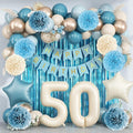 Dusty Blue 50th Birthday Party Decorations for Women Men Beige Cream Number 50 Balloon with Blue Gold Happy Birthday Banner Fringe Curtain Paper Pom Poms Nude White Sand Champagne Star Foil Balloons