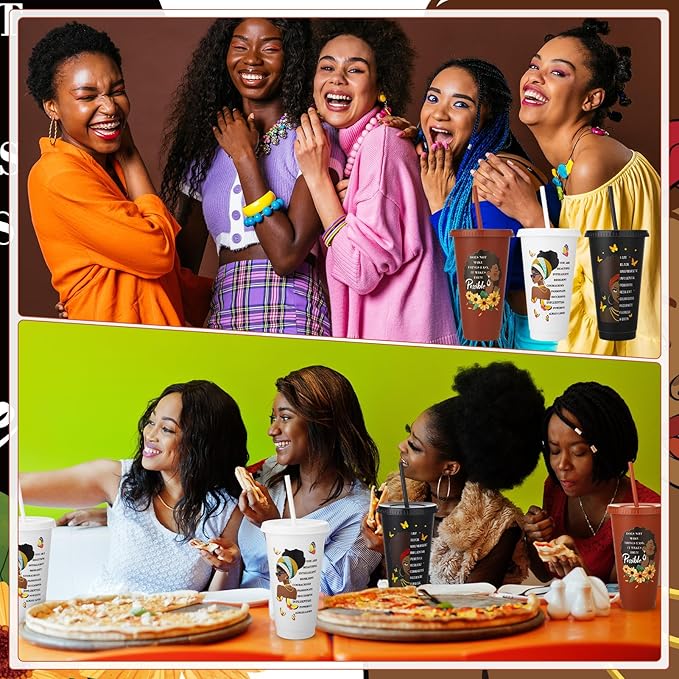 12 Pcs African American Cups with Lids and Straws, 24 oz Black Women Drinking Cups Black Owned Inspirational Gift for Women Lady