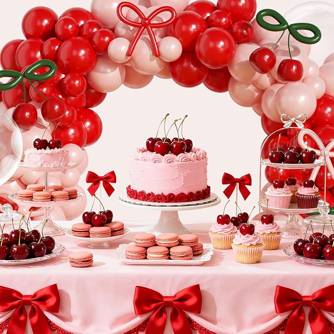 JOGAMS Cherry Balloon Arch Kit,184Pcs Red and Pink Balloon Arch Kit with 260 Long Clear Balloons for Cherry On Top Baby Shower Birthday Bridal Shower Wedding Valentine's Galentine's Day