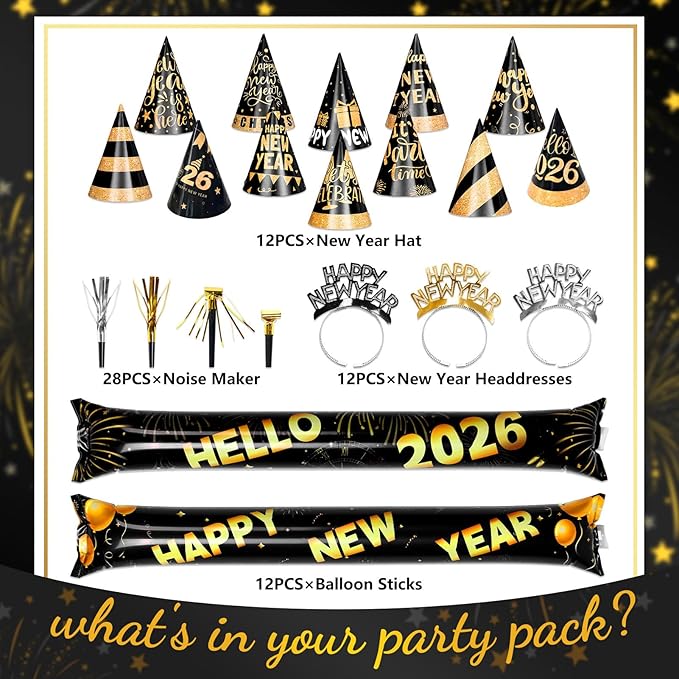 New Years Eve Party Supplies 2026 64PCS Happy New Years Decoration Hats Headband for 2026 Party Props Festival Decorations Count Down NYE Party Supplies Favors (Black-1)