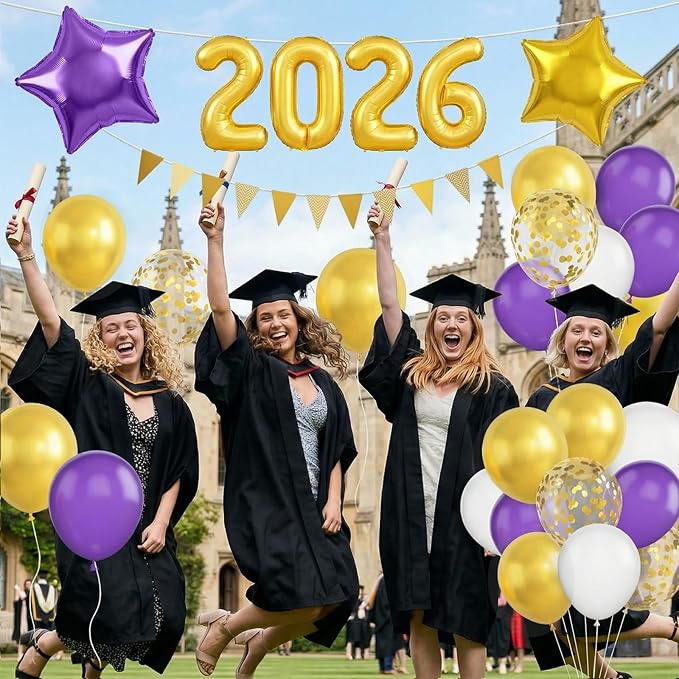 Purple Gold White Balloons Arch Kit, Purple White Balloons with Star Balloon Pennant Flag Bunting 2026 Foil Balloon Banner, Gold Confetti Balloon Garland for Class of 2026 Graduation Theme Party