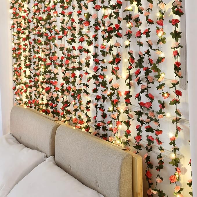 MARTINE MALL Rose Vines with 99 Ft/300 LED String Lights, Floral Garland for Bedroom, Wedding Decor