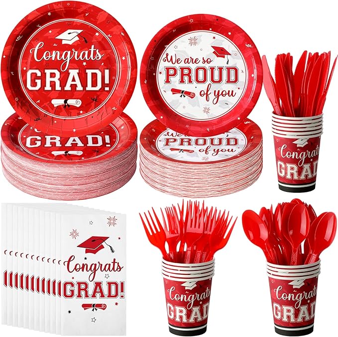 Graduation Party Supplies Congrats Grad Plates and Napkins Set Serve 50, Disposable Tableware Paper Plates Napkins Cups Knives Spoons Forks Straws for Class of 2026 Graduation Party Decorations (Red)