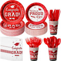 Graduation Party Supplies Congrats Grad Plates and Napkins Set Serve 50, Disposable Tableware Paper Plates Napkins Cups Knives Spoons Forks Straws for Class of 2026 Graduation Party Decorations (Red)