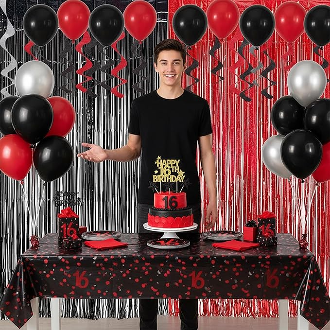 Foil Fringe Curtain Party Decorations - Black Red Metallic Tinsel Backdrop Party Steamers Curtains for Stranger/Boy/Men/Birthday/Prom/Bachelorette/Holidays Parties Decorations