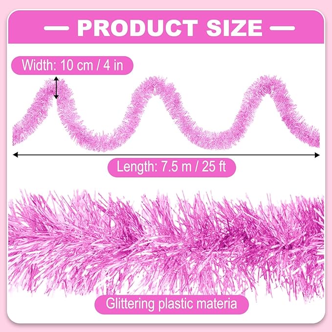 25 Feet Christmas Tinsel Garland, Metallic Twist Garland Wall Hanging Tinsel Garland Backdrop for Parade Floats, Carnival, Birthday, Wedding, New Year Party Decorations (Macaron Pink, 4in x 25ft)