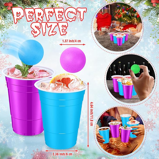 32 Pcs Winter Game Set Include 16oz Purple Blue Plastic Cups with 8 Balls, Cups for Party Decor Juice Beverage Outdoor Toss Veterans Day Supplies