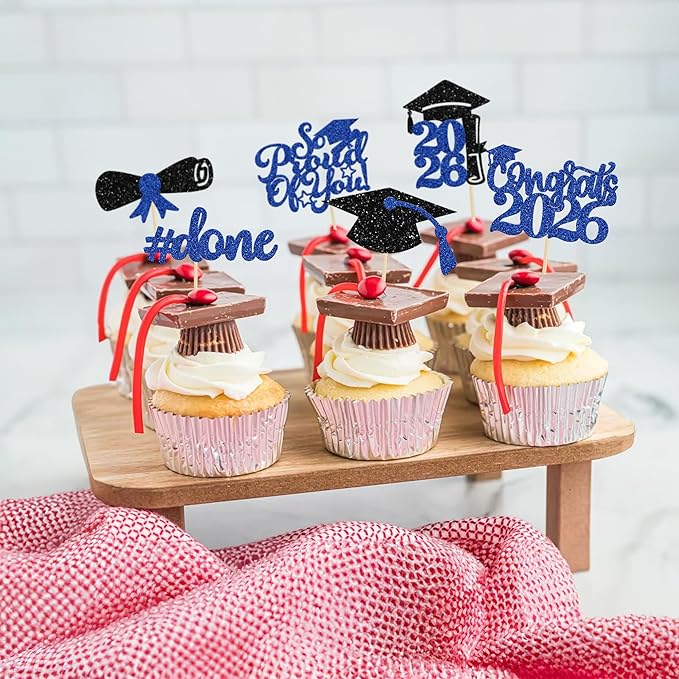 Gyufise 24Pcs 2026 Graduation Done Cupcake Toppers Blue Glitter Congrats Class of 2026 Diploma Grad Cap Cupcake Picks So Proud of You Cake Decorations for 2026 Graduation Theme Party Supplies