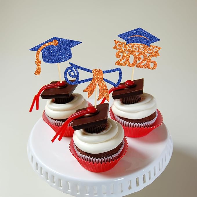 Gyufise 24Pcs Class of 2026 Graduation Cupcake Toppers Glitter Diploma 2026 Graduation Cap Cupcake Picks for 2026 Theme Party Cake Decorations Supplies Orange Blue