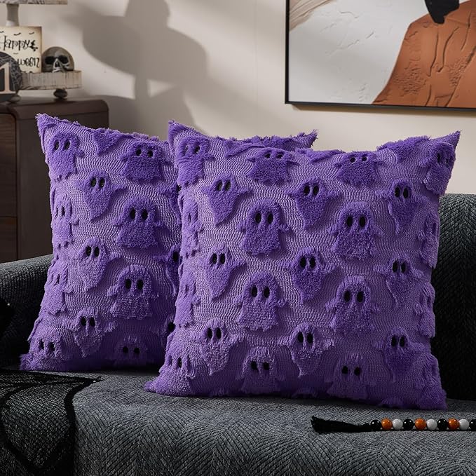 DFXSZ Halloween Pillow Covers 18x18 inch Set of 2 Purple Ghost Throw Pillow Cases Soft Plush Faux Fur Wool Couch Cushion Case for Chair Sofa Bedroom Living Room Home Decor PTK03E18