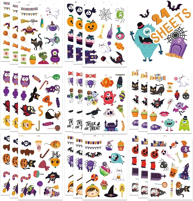 24 Sheets Halloween Stickers for Kids - Non-Repeating, Happy Halloween Cute Stickers for Goodie Bags & Party Favors
