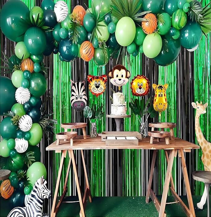 2 Pack 3.3ft×8.2ft Black Green Metal Tinsel Foil Fringe Curtains Backdrop Door Window Streamers Birthday St Patrick's Day Halloween Bachelorette Graduation Hawaiian Jungle New Year Party Decoration