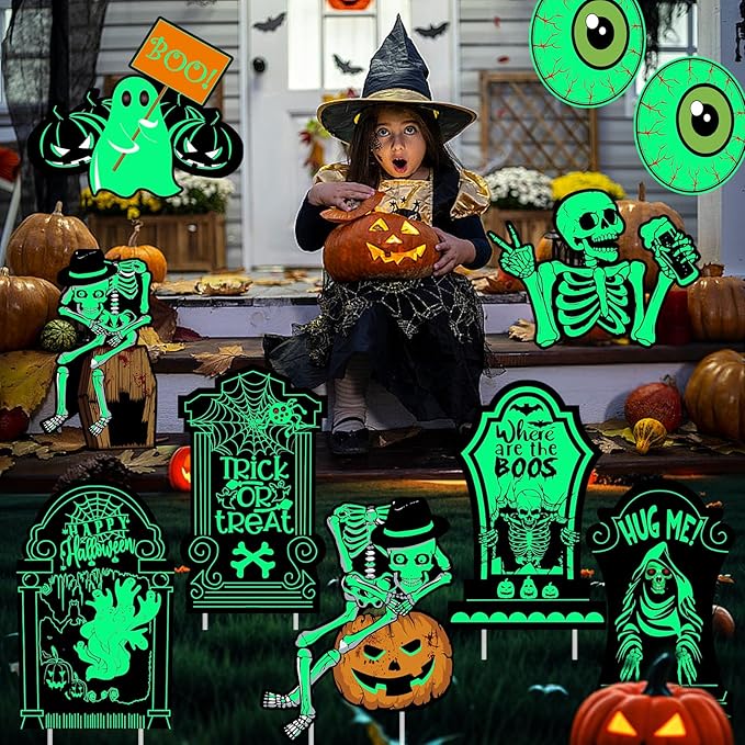 10 PCs Halloween Decorations Outdoor Tombstone Yard Sign with Stakes Glow in The Dark Graveyard Tombstones Pumpkin Ghost Props for Family Home Front Yard Lawn Garden Halloween Party Decor