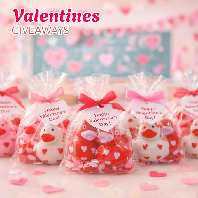 4E's Novelty 24 Pack Valentines Day Rubber Ducks - Bulk 2" Heart Themed Duckies for Jeep Ducking, Classroom Exchange Gifts for Kids School, Prizes, Giveaways, Party Favor Handouts