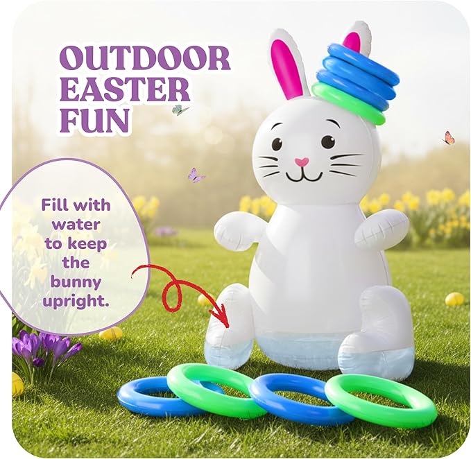 30" Easter Bunny Inflatable Ring Toss Game - Easter Games for Kids with 6 Rings - Weighted Bottom to Keep Inflatable Rabbit Upright - Family Outdoor Easter Party Games for Kids and Adults