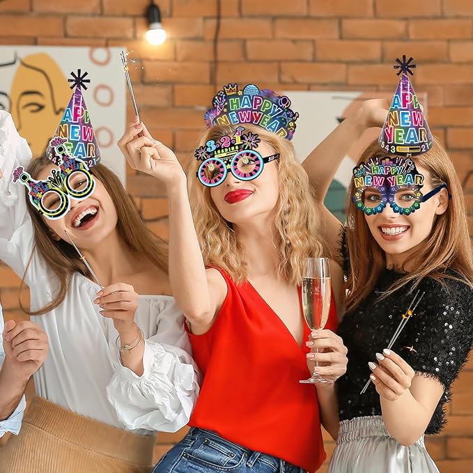 HOWAF 36 Pcs Glitter New Year's Eve Party Supplies Kit, 2026 Happy New Year Eve Shiny Firework Party Supplies-New Year Headband Eyeglasses New Year Top Hats New Year Fringed Noisemaker