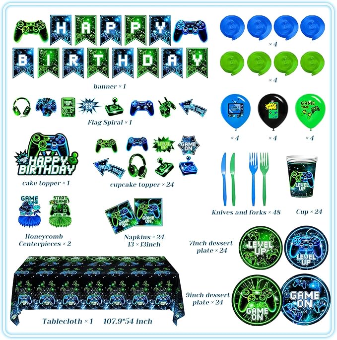 Video Game Birthday Party Decorations for Boy, Neon Gamer Party Tableware Set with 24PCS Plates Cups Napkins, Banner Tablecloth, Balloons, Game Level Up Theme Decor Serves 24