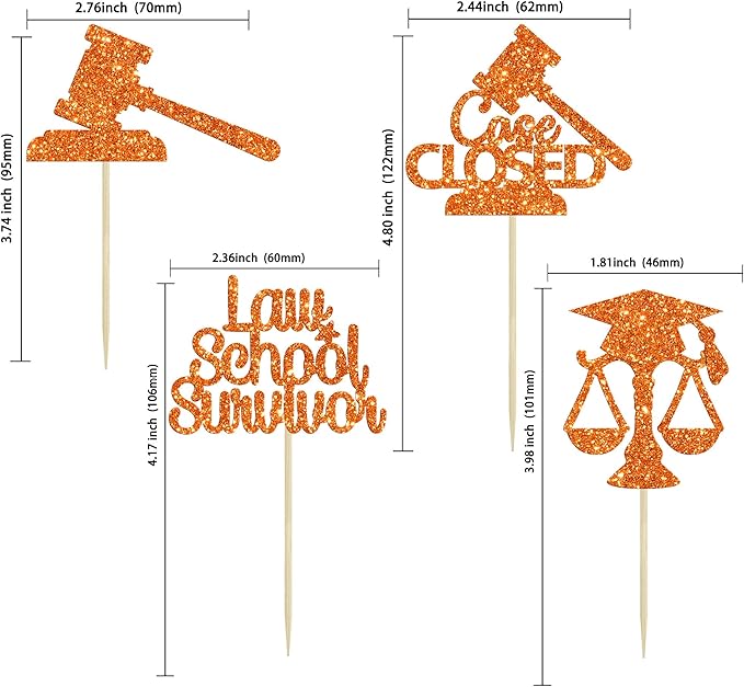 Gyufise 24Pcs Lawyer 2026 Graduation Cupcake Toppers Orange Glitter Class of 2026 Grad Cap Law School Survivor Cupcake Picks for 2026 Lawyer Graduation Party Cake Decorations Supplies