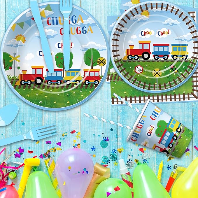 APOWBLS Train Birthday Party Supplies Tableware, Chugga Choo Train 1st 2nd 3rd Birthday Decorations, Paper Plate, Cup, Napkin, Disposable Cutlery, Straw, Tablecloth | 24 Guests