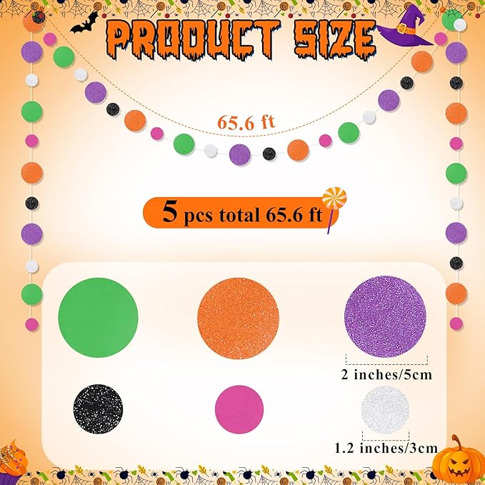 Outus 5 Pieces Orange,Black,Purple,Green,White Round Dots Garland Easter Graduation Party Hanging Decor Each Length 13.1ft Glitter Paper Dot Streamers for Birthday Wedding Classroom