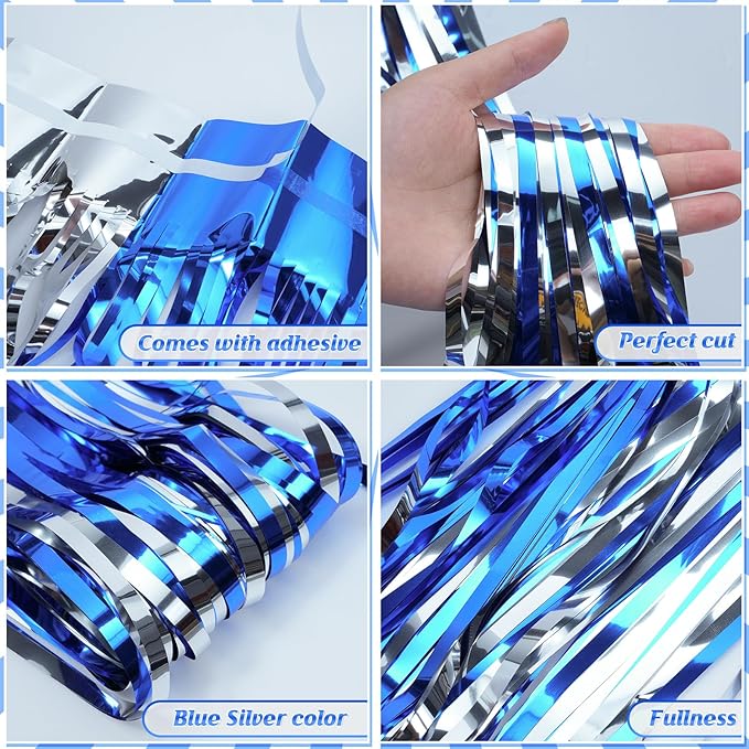 6Pack 3.3Ft x 6.6Ft Graduation Foil Fringe Curtain Backdrop Decorations, Blue Silver Metallic Tinsel Foil Streamers Curtain Photo Booth Background for Graduation Prom Wedding Birthday Party Decoration