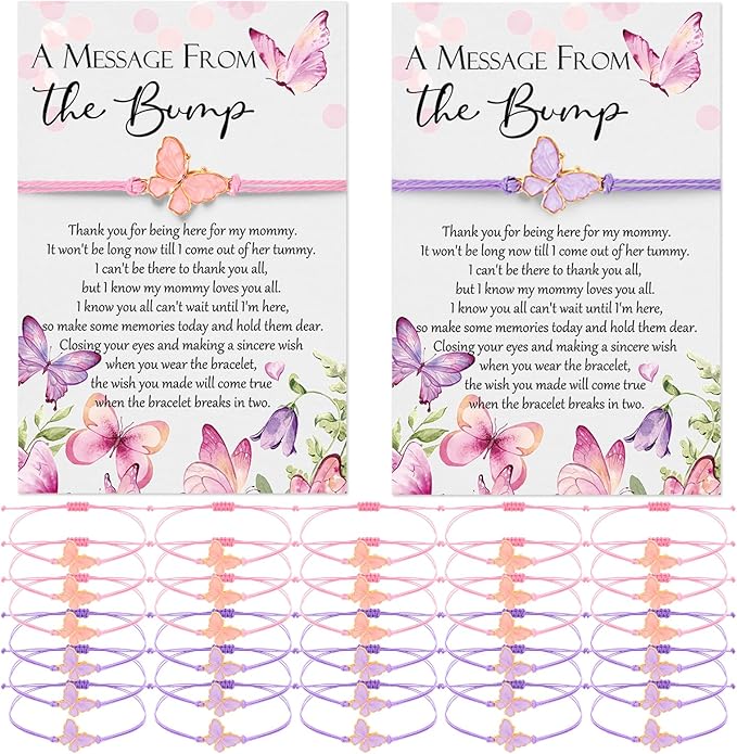 Ferreve Baby Shower Favors for Guests Bulk, 50 Pack Butterfly Wish Bracelets with “A Message from the Bump” Cards, Baby Shower Party Favors for Gender Reveal