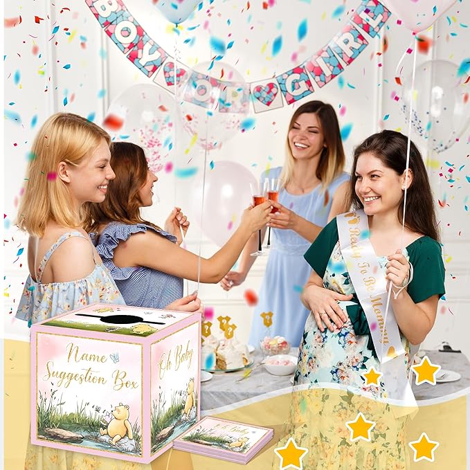 Winnie Baby Shower Decorations-The Pooh Baby Shower Games-Winnie Party Decorations-Baby Name Suggestion Cards with Box Name Suggestion Cards,Pink