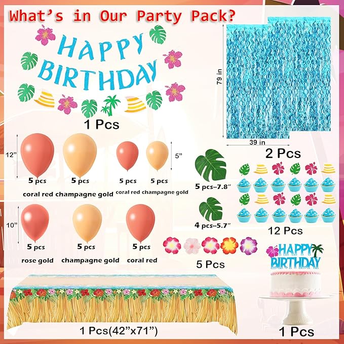 Hawaiian Party Decorations Set - Balloons, Cake Topper, Cupcake Toppers, Banner, Table cloth, Foil Curtains, Tropical Party Decorations
