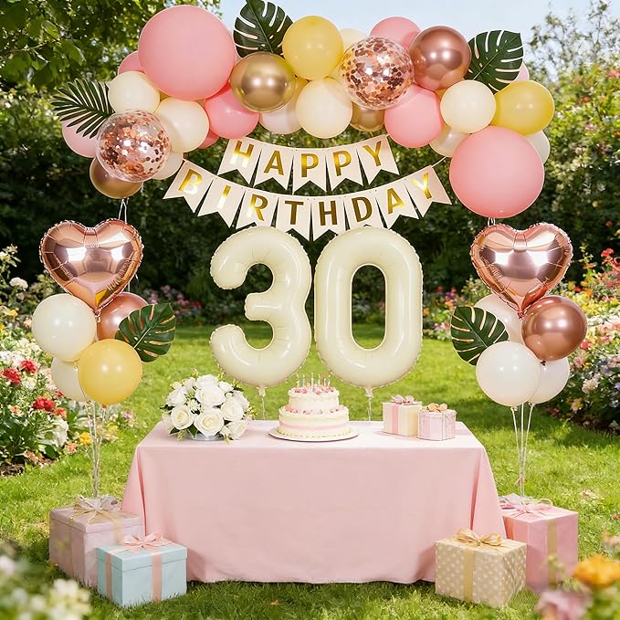 30th Birthday Decorations for Women, Retro Sand White and Cream Balloon Garland Kit, Cream Number 30 Balloon, Pink Happy 30th Banner, Milestone Party Supplies