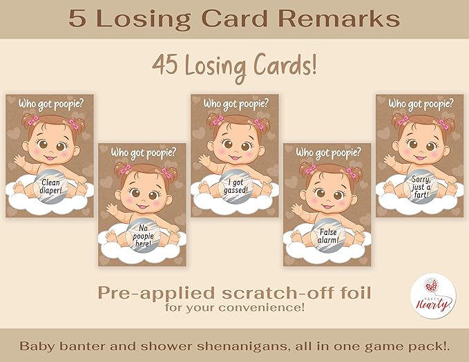Party Hearty Fun Baby Shower Games for Girls - Poopie Emoji Scratch-Off Lottery Tickets - 50 Cards Hilarious and Engaging Baby Shower Activity