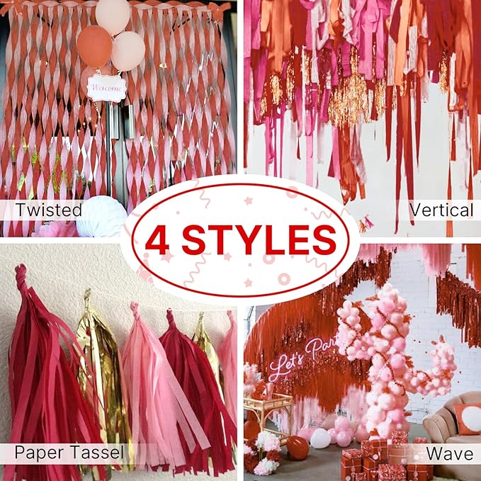 PartyWoo Crepe Paper Streamers 4 Rolls 328ft, Pack of Red Crepe Paper for Party, Wedding, Birthday & Baby Shower Decorations (1.8 Inch x 82 Ft/Roll)