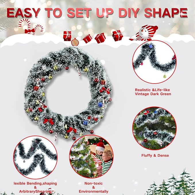 5 Pack 250Ft Greenery Garland with Snow, Dark Green Snowflake Dots, Artificial Christmas Pine Streamers for Indoor/Outdoor Decorations