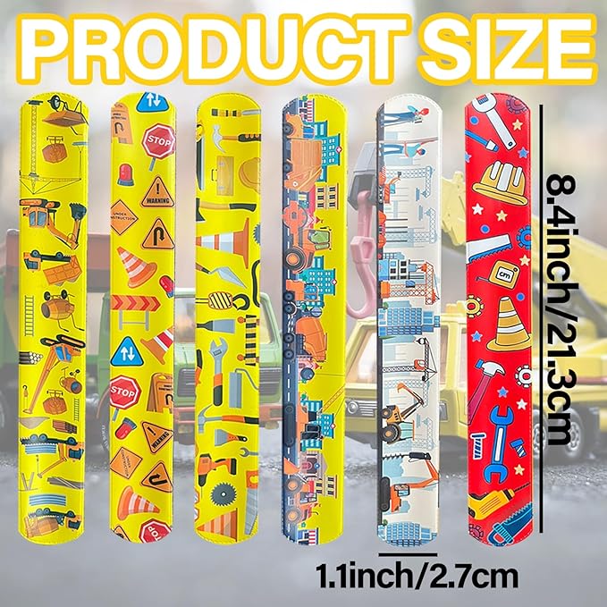 74Pcs Engineering Vehicle Theme Party Favors Contain 24 Pcs Engineering Vehicle Slap Bracelets 50Pcs Engineering Stickers, Birthday Party Decorations,Classroom Rewards Supplies.