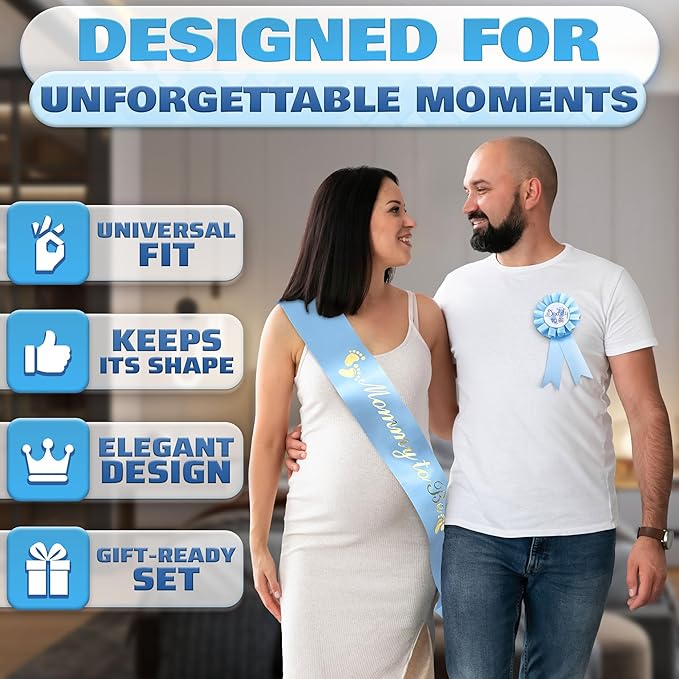 Baby Shower Sash for Mommy - Blue Glossy Satin with Gold Glitz Letters Mom to Be Baby Shower Decorations Boy for Cute Appearance - Mommy to Be Sash with Dad to Be Pin, Gender Reveal Party Gifts