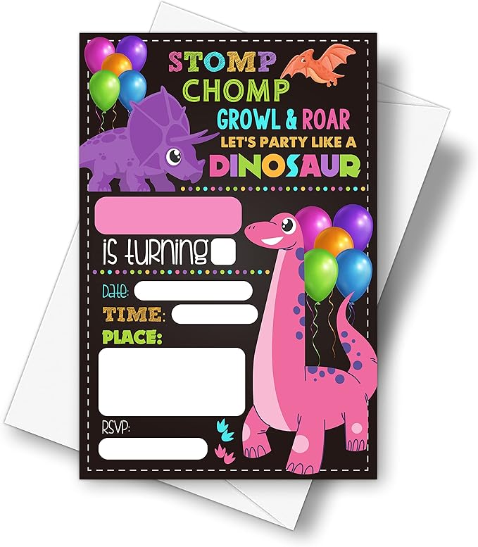 DETIHO 4" x 6" Dinosaur Theme Birthday Party Invitation Cards With Envelopes - Let's Party Like Dinosaur Chalkboard Party Invitation - 20 Sets - E27