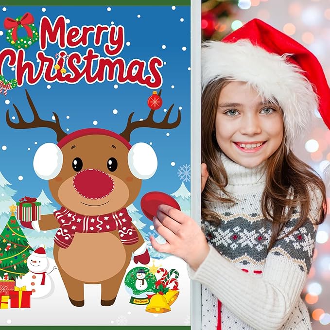 AUGSUN Pin The Nose on The Reindeer, Large Christmas Reindeer Poster Games Xmas Activities Winter Holiday Party Games for for Kids Adults Friends and Family Christmas Party Favors