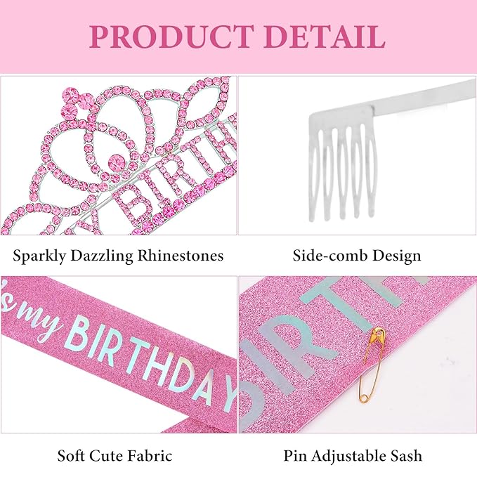 CAVETEE Birthday Crowns for Women - Its My Birthday Sash and Crown Set for Adult Women - Party Decorations and Gifts (Pink)