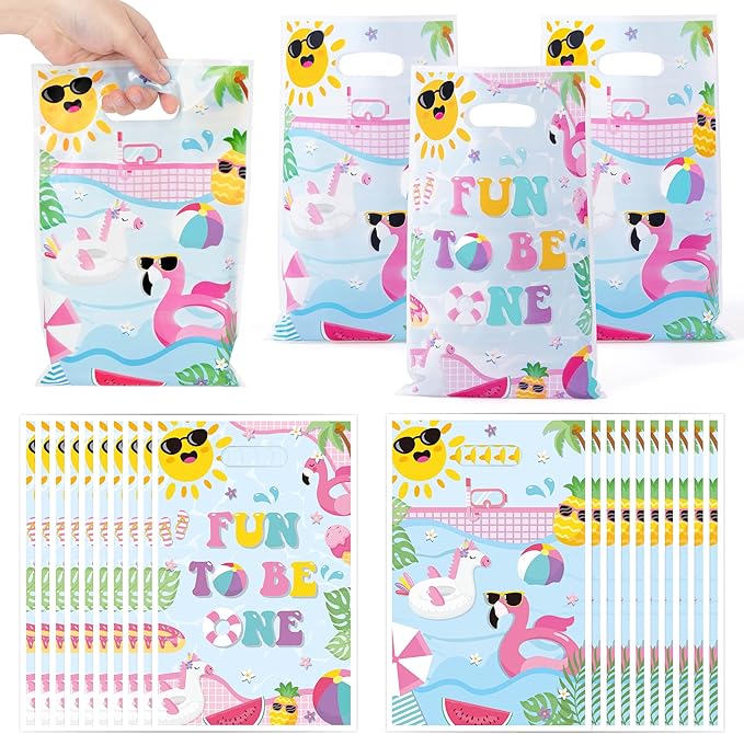Summer Pool Party Favor Bag - 50Pcs Beach Fun to Be One Goody Candy Treat Gift Bag Summer Flamingo Beach 1st Birthday Party Decoration for Kid Girl First Birthday Hawaiian Swimming Pool Event Supplies