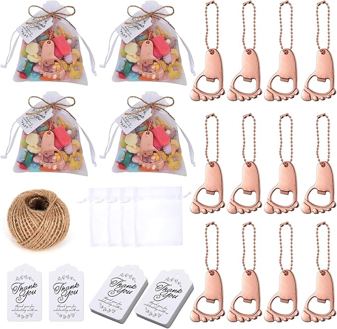 50 PCS Footprint Bottle Opener，Baby Shower Favors for Guest Souvenirs Supplies and Decorations with Organza Bags Tags and 1 Roll Jute Rope (Rose gold)