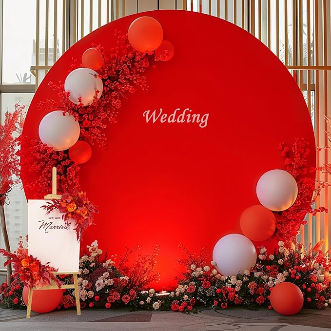 Gallety 7.2FT Red Round Backdrop Cover with Size Adjuster & 4 Metal Clips, Universal Fit for 5ft-7.2ft Circle Stand, Polyester Fabric Arch Cover for Wedding, Birthday Party, Video, Photography Decor